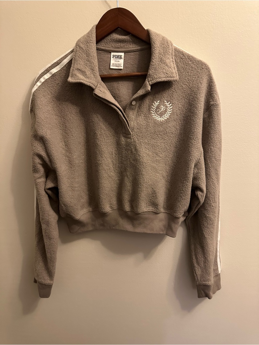 Victoria's Secret Taupe Sherpa Cropped Pullover with White Stripes